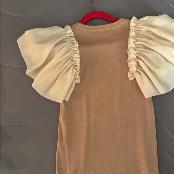 Vici Tan Dress with Cream Ruffle Sleeves - Picture 4 of 5